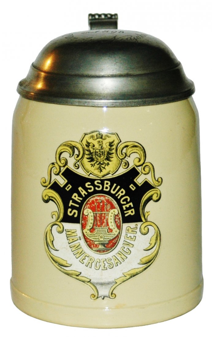 Strassburger Mannergesangver Mettlach Adver Stein: Mettlach #1526 POG 1/2L. “Strassburger Mannergesangver” shield. Mint.