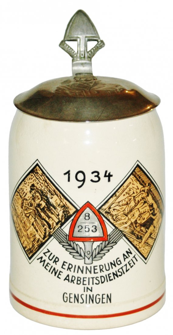 Third Reich Worker Corp Stein Soldier on Lid: Pottery POG 1/2L. Third Reich worker corps in Gensingen 1934. Relief soldier on metal lid. Mint.