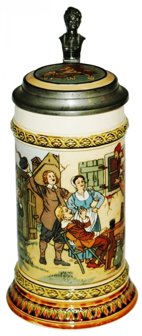 Jester Entertains on Table Mettlach Stein w Inlay (1 of 4)