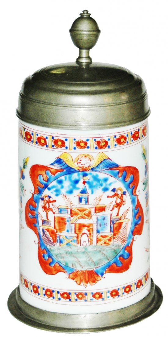 1L Circa 1750 Enamel Milk Glass Stein wNice Pewter