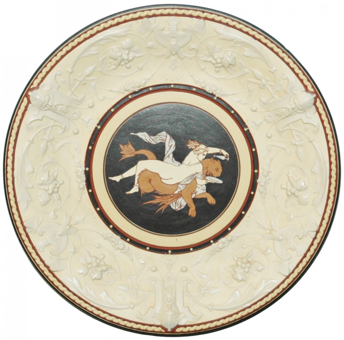 Chromolith Mettlach Nude Woman on a Panther Plaque: Mettlach #834 Chromolith 13” Plaque. Nude woman rides panther. Mint.