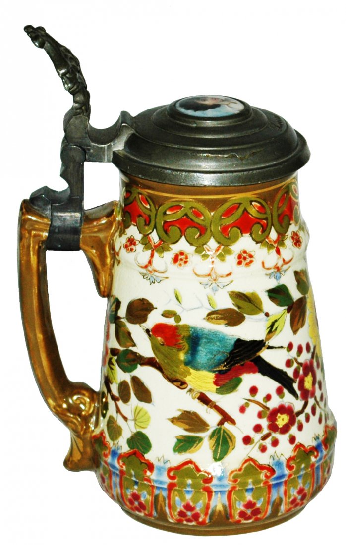 Zsolnay 3/10L Birds & Floral Stein: Zsolnay POG 3/10L. Birds and floral.