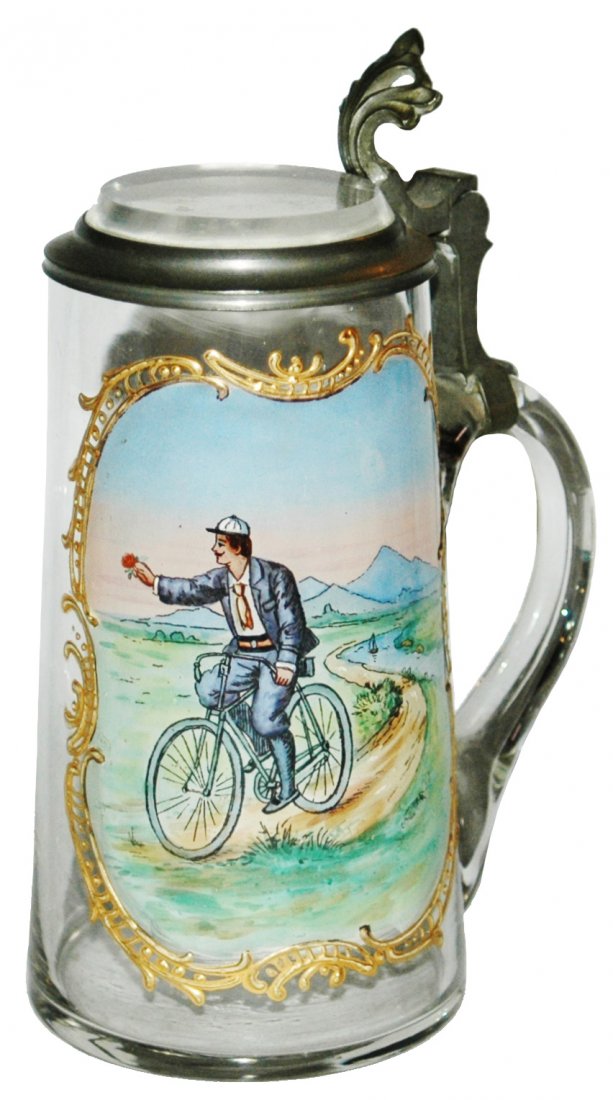 Enamel Man Rides Bicycle Glass Stein w Inlay (1 of 1)