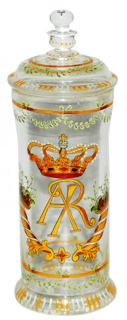 Fritz Heckert AR Under Crown Glass Pokal w Lid: Blown Glass 8” Pokal. Fritz Heckert. Enameled “AR” under crown. Set on lid. Mint.