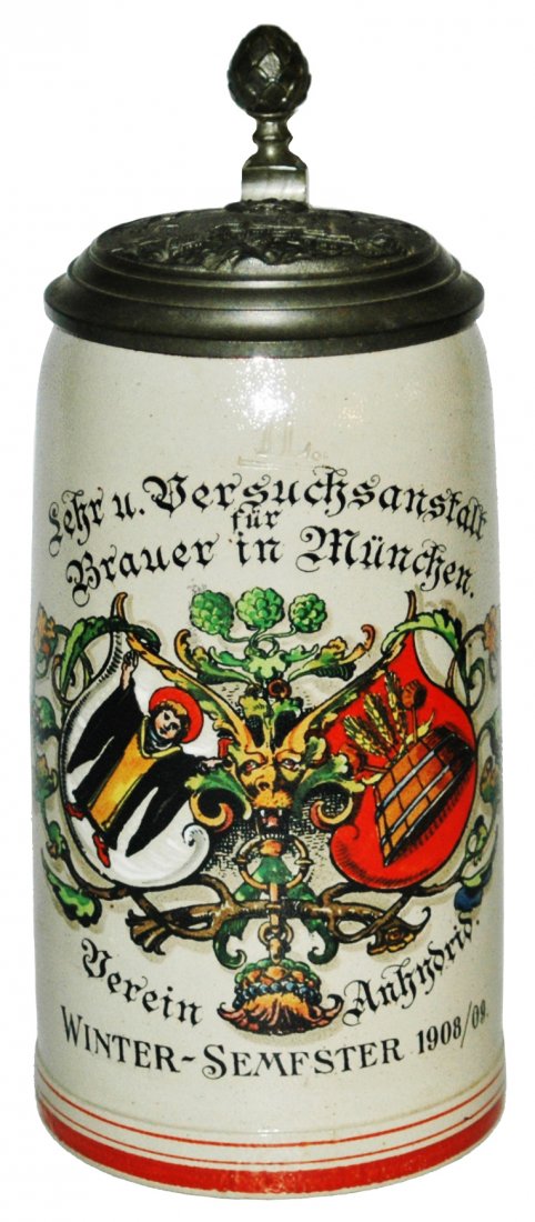 1L Brewery Munich School Roster & Munich Bldgs Lid: Stoneware Merkelbach & Wick POG 1L. Brewery school Munich 1908/09. Roster of students on sides. Relief Munich buildings lid. Mint.