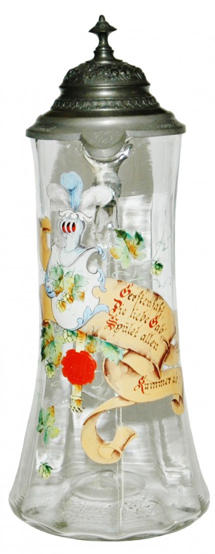 Enamel armor Shield Verse & Seal 1-1/2L Stein: Blown Glass 1 1/2L. Enameled armor shield, verse and seal. Mint.