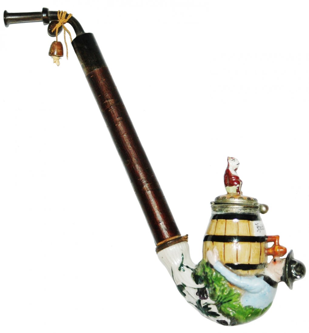 Porcelain Character Pipe Man Drinks From Keg w Cat: Porcelain Character 10” Pipe. Man drinks from keg. Finial of cat on inlay lid. Mint.
