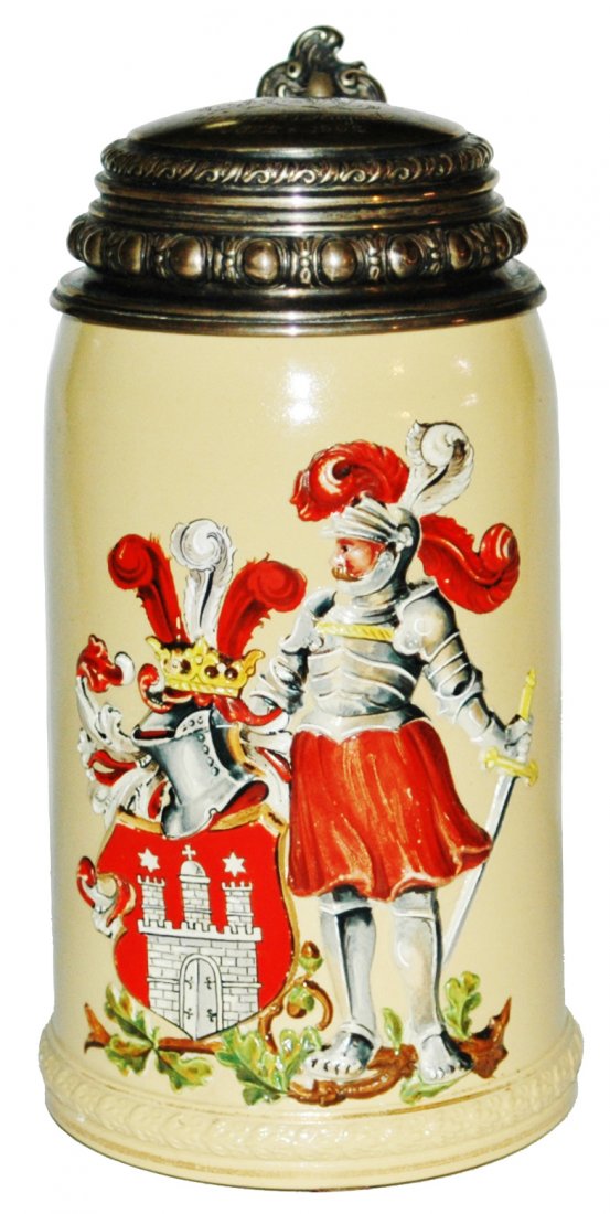 Mettlach Knight & Hamburg Shield Stein /Silver Lid (1 of 2)