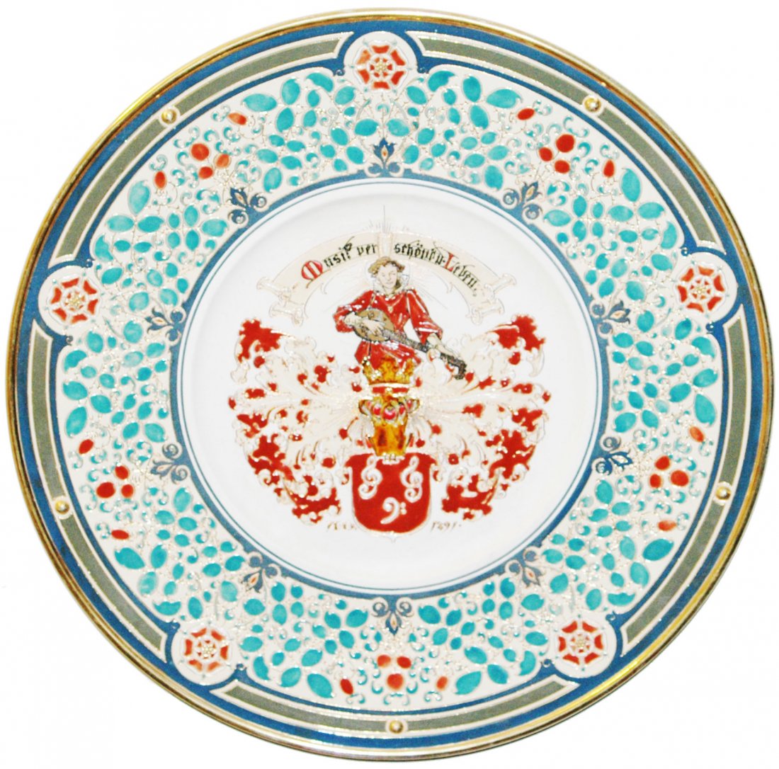 Mettlach Musician Plays Lute w Fancy Floral Border (1 of 1)