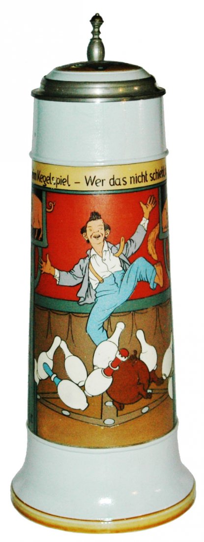 3L Mettlach Bowling Pin Boy Stein w Inlay (1 of 3)