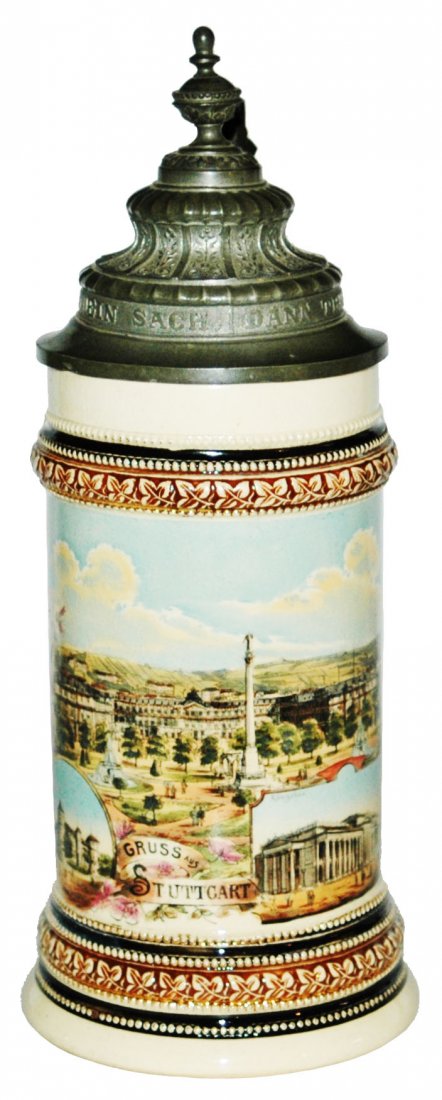 City View of Stuttgart Stein: Pottery POG 1/2L. City view of Stattgart. Mint.