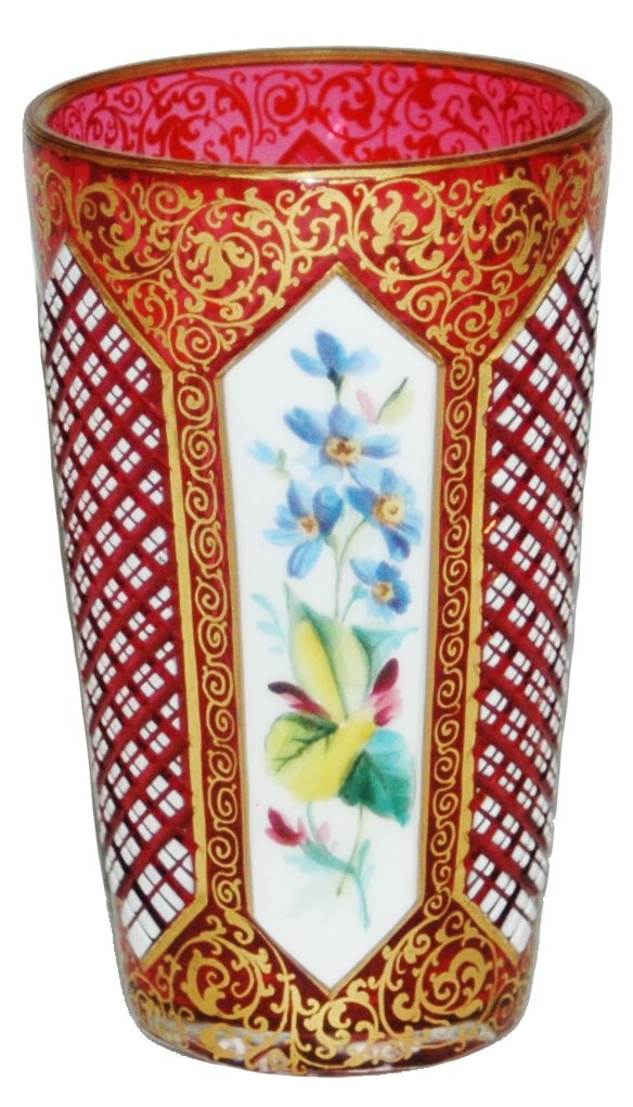 Overlay Cut and Enamel Panel Glass Beaker: Blown Overlay Glass 3 3/4” Beaker. White over cranberry. Enamel floral and cut panel. Mint.