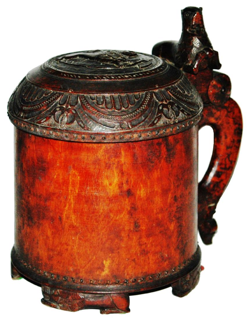 Large 2L Scandinavian Burl Wood Stein: Burl Wood Scandinavian Large 2L Tankard. Carved lion lid and thumblift. Four carved animal feet. Shrinkage crack on one side.