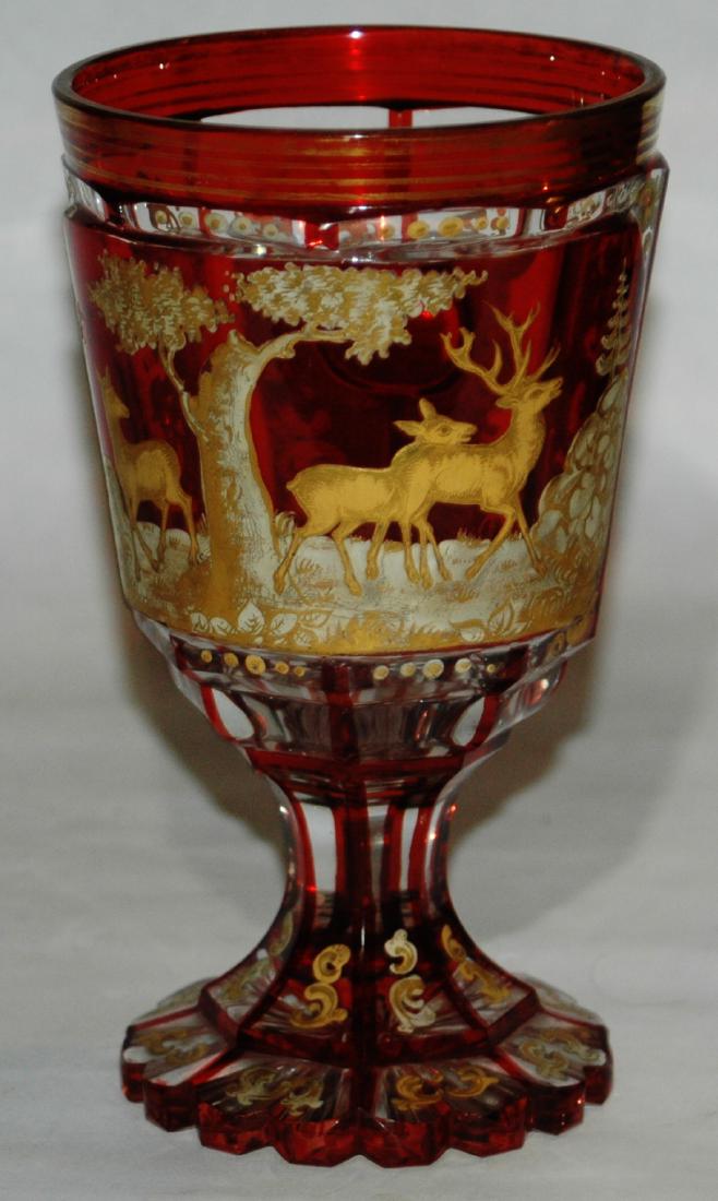 Bohemian Glass Circa 1850 Pasty Enamel Beaker: Blown Glass 6 1/2" Pasty Enamel Beaker of stags on faceted body. Circa 1850. Mint