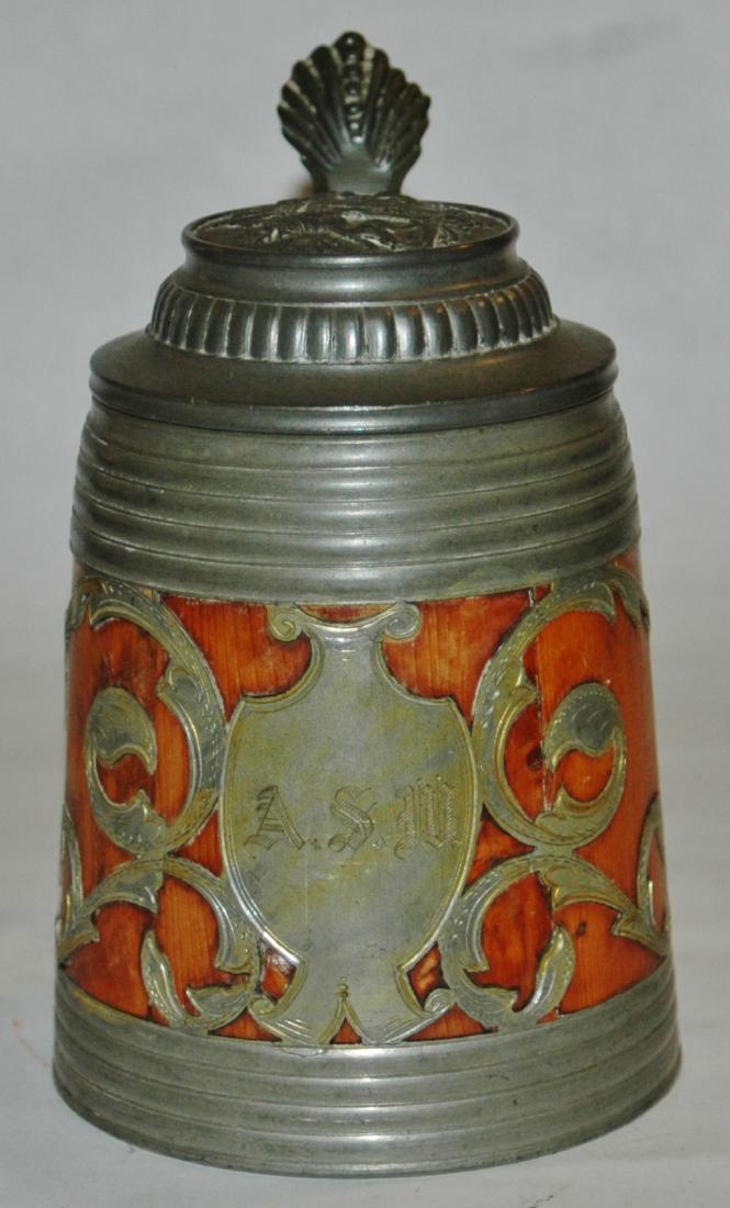 Daubenkrug Wood & Pewter 1/2L Stein: Wood & Pewter inlay 1/2L. Pewter handle, inlay, base and top rims and lid. Relief pewter lid with Bavarian shield. Normal wear