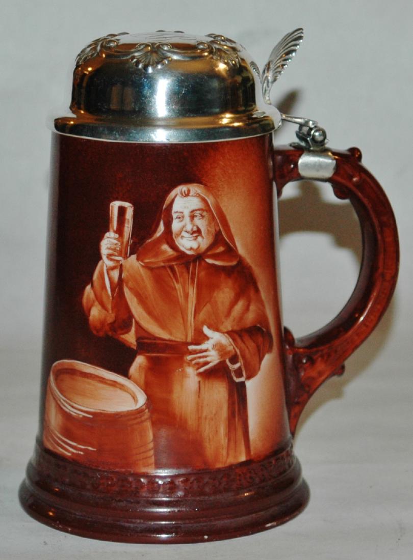 Lenox Porcelain Monk w Beer Stein w Silver Lid: Lenox Porcelain POG 1/2L with monk holding beer glass. Sterling silver lid. Faint body line.