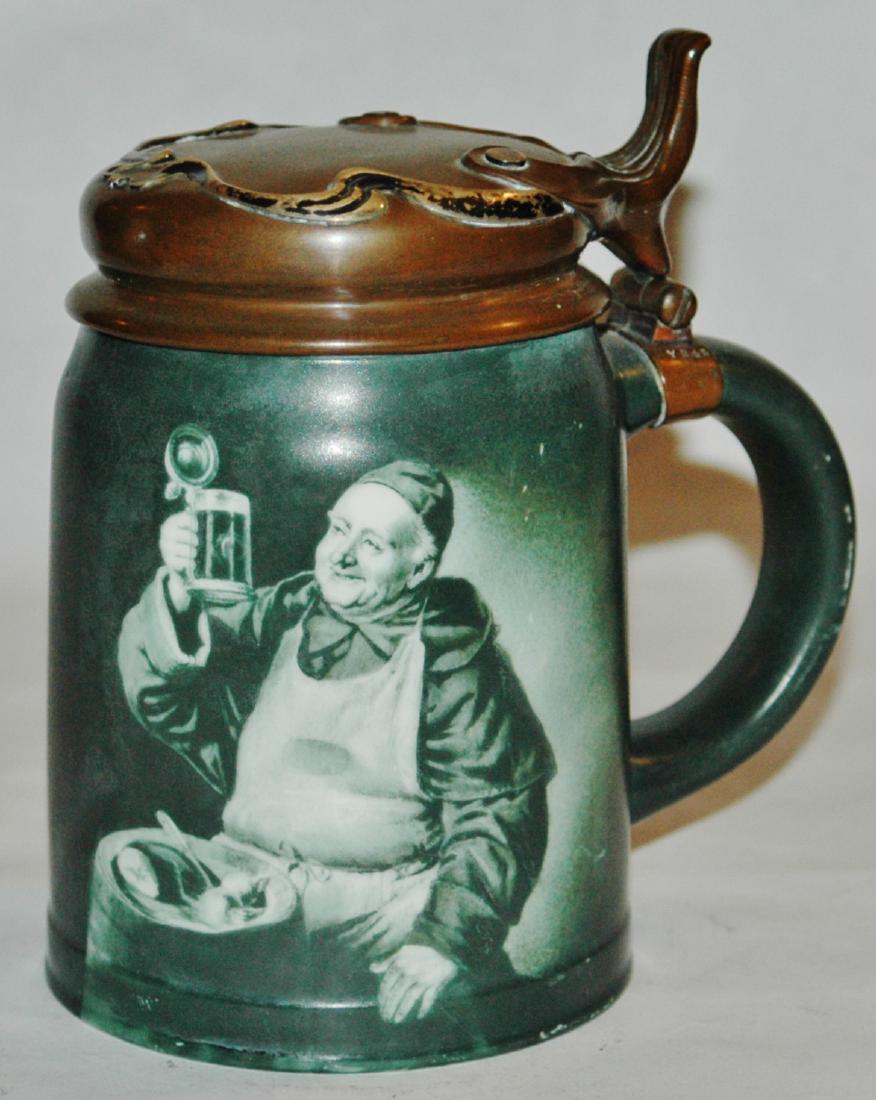 Lenox Porcelain Monk Stein w Tiffany Lid: Lenox Porcelain POG 1/2L of Monk holding stein of beer. Tiffany silver mixed metal lid. Mint