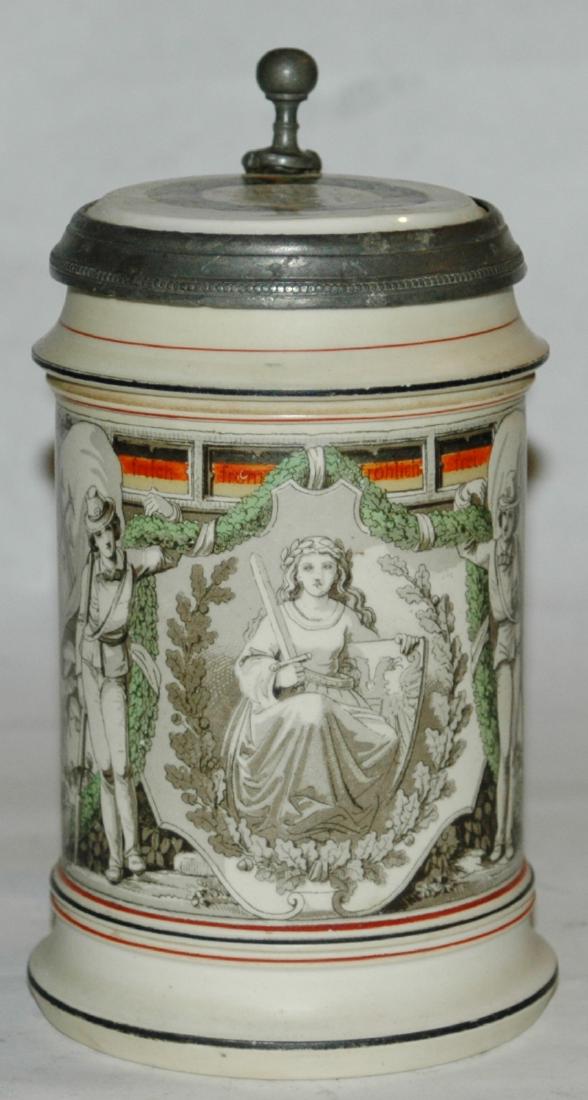 Mettlach Parion 4F Flags & Gym Equipment Stein: Mettlach Parion POG 1/2L Stein of 4F men, flags and gym equipment. Inlay lid.