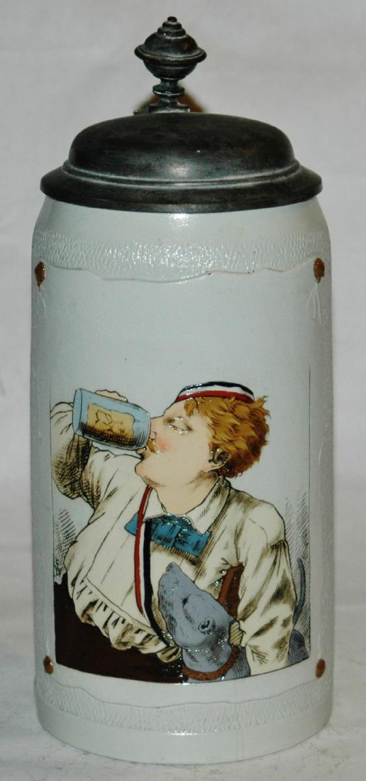 Mettlach Dueling Fraternal Student & Dog 1L Stein: Mettlach #1643 Etched Tapestry 1L of Dueling fraternal student and dog drinking.