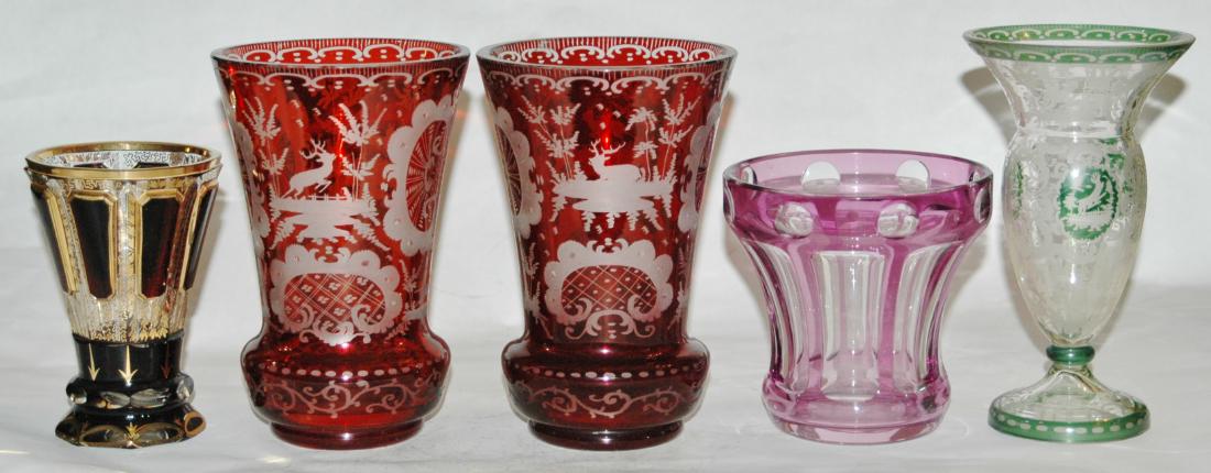 Group of Five Bohemian Blown Glass Items: Group of Five Blown Glass Items. 1) Glass 4 3/4" faceted beaker. Ruby panels. Base rim flakes. 2) Ruby Stained & Wheel-cut 6 1/2" Vase. Stags and floral design. Pin head flake. 3) Ruby Stained & Wheel