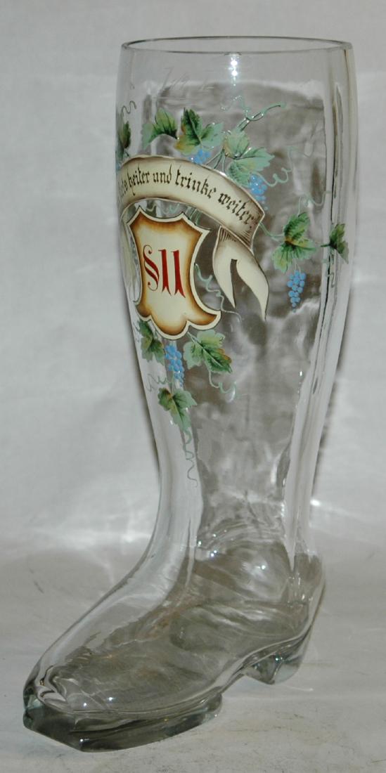 Blown Glass 11 1/2" Boot w Shield & Floral: Blown Glass 11 1/2" Figural Boot with enameled shield, verse and floral.