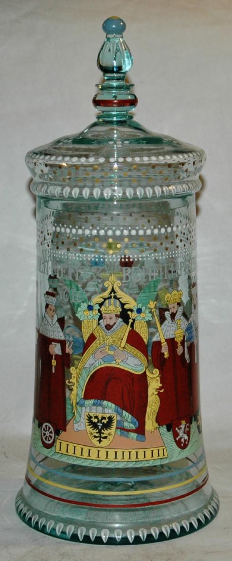 Heckert Glass 16" Enameled 7 Electors Pokal.: Blown Glass 16" Pokal with enameled scene of seven electors. Fritz Heckert. Mint