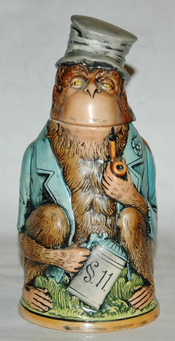 Pottery Character 1/2L Hobo Monkey Stein: Character Stein 1/2L Pottery. Hobo monkey with pipe and stein. Post war. Mint