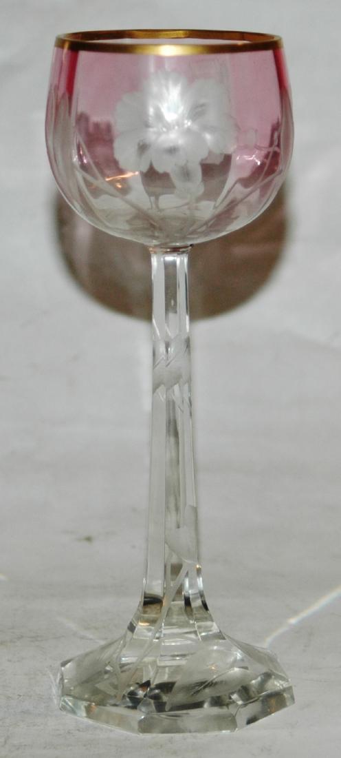Glass Intaglio Cut Moser 8" Art Nouveau Goblet: Blown Glass Moser 8" wine goblet. Intaglio cut Art Nouveau floral design. Light cranberry stained bowl. Faceted stem and foot. Mint