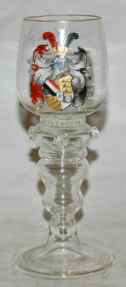 Glass1899 Wine Goblet Dueling Fraternal Shield: Blown Glass 7 1/2" goblet with enameled dueling fraternal student shield dated 1899. Mint