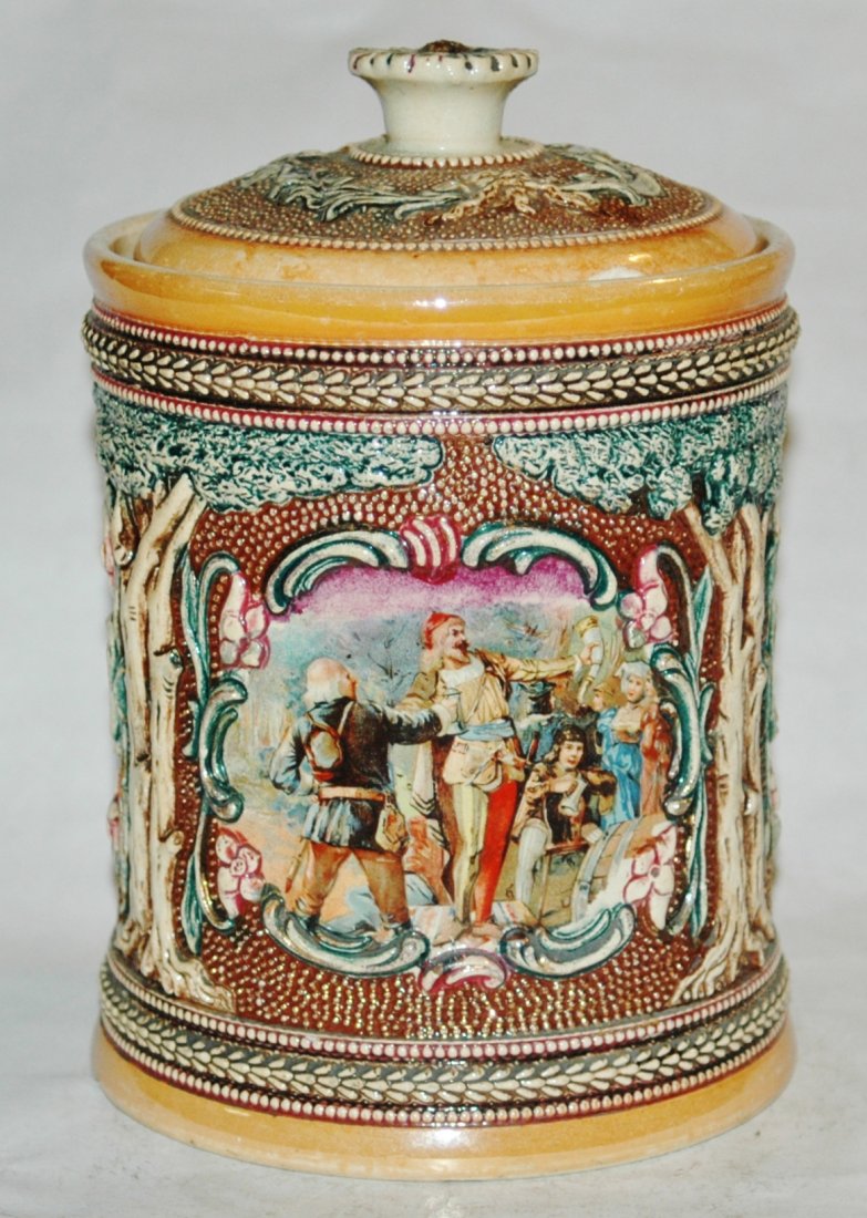 Pottery Diesinger #609 POG Relief Tobacco Jar: Pottery Diesinger #609 POG scene of Landsknecht toasting.