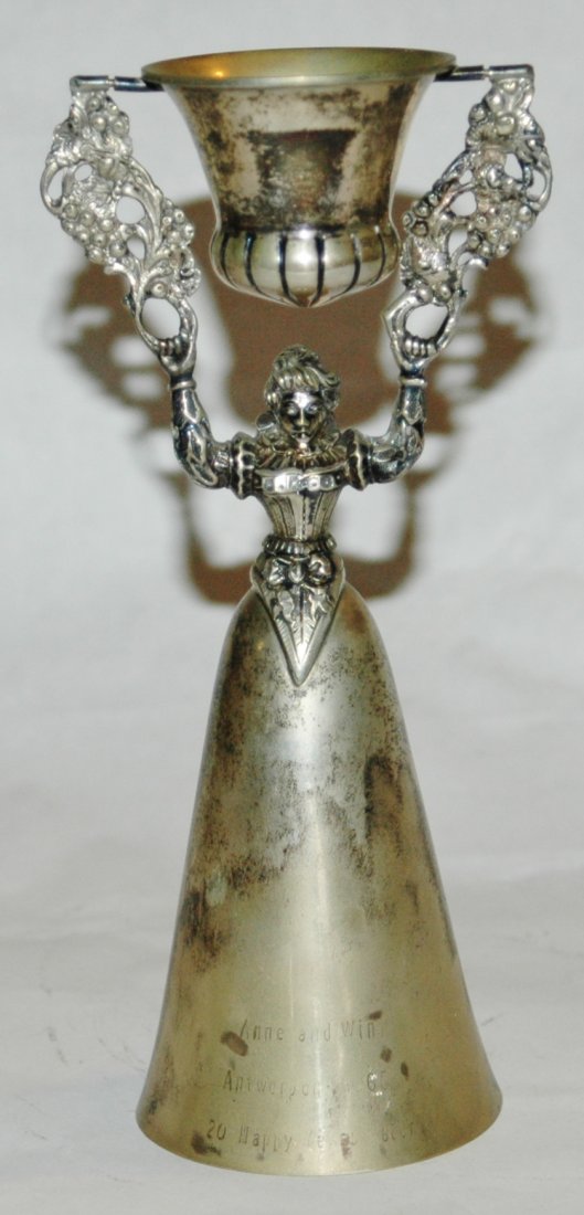 Silver Plate 7" Woman Wedding Beaker: Silver Plate 7" Wedding Beaker in the shape of a woman. Needs polishing