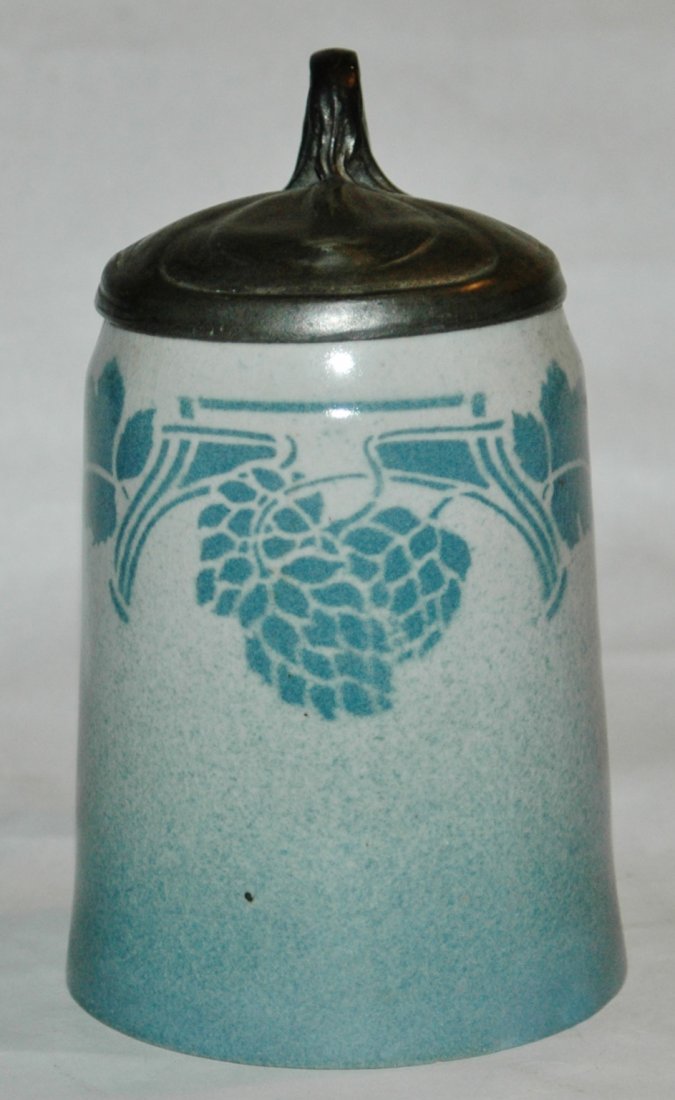 Stoneware Floral Art Nouveau 1/2L Stein: Stoneware Scarvogel 1/2L POG. Dominant Art Nouveau design. Tiny pin head base rim flakes.