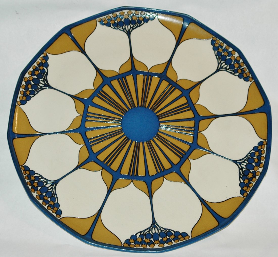 Mettlach Large Etched Art Nouveau Platter: Mettlach #2960 Etched 15" Platter. Art Nouveau design. Fracture on rear edge only. Front perfect