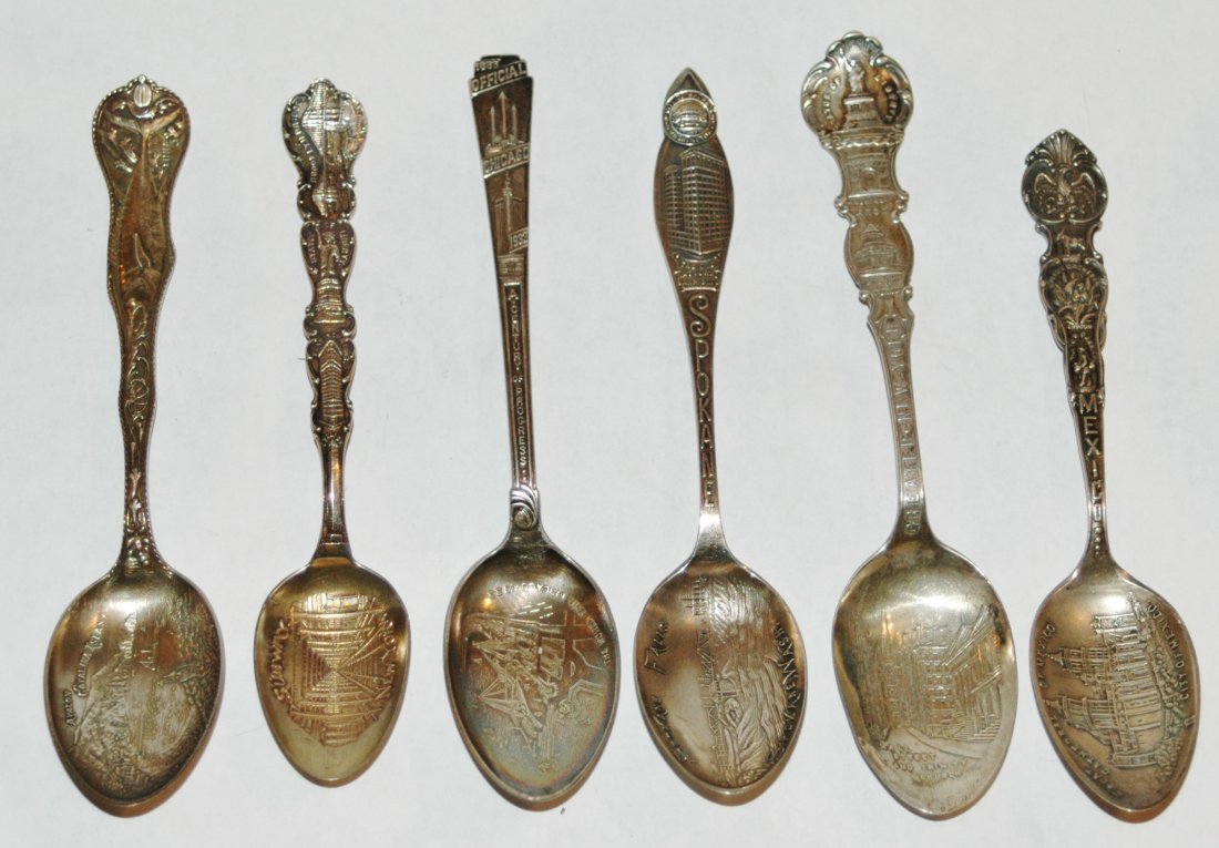 Group of 6 Sterling Silver Souvenir Spoons: Group of six American Sterling Silver Souvenir Spoons. 1) Avalon Catalina Island. Large Tuna on handle and Glass bottom boat and flying fish on rear 2)Subway New York. Brooklyn Brige, Statue of Libert