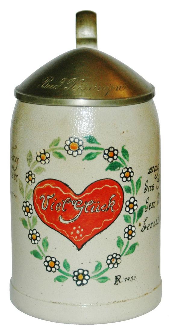 Franz Ringer Heart Floral & Verse Stoneware Stein: Stoneware POG 1/4L. Heart, floral and verse. Franz Ringer. Lid engraved Bad Kissingen. Mint.