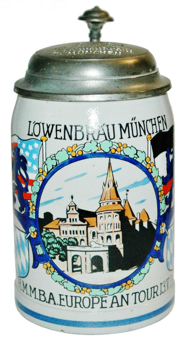 Lowenbrau Brewery Stoneware Stein w Logo Lid: Stoneware POG 1/2L. “Lowenbrau Munchen, H.M.M.B.A. European Tour 13. V. 14.” Matching logo lid. Mint.