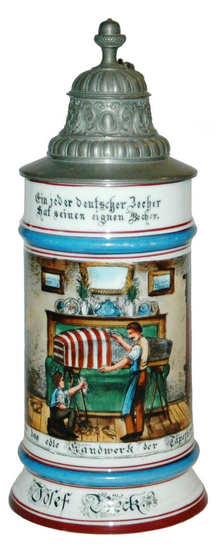 Rare Occupational Stein of Wallpapering & Draper: Occupational Stein 1/2L Porcelain. Upholsterer, Josef Beck. Scenes of man wallpapering and man hanging drapes. Rare.