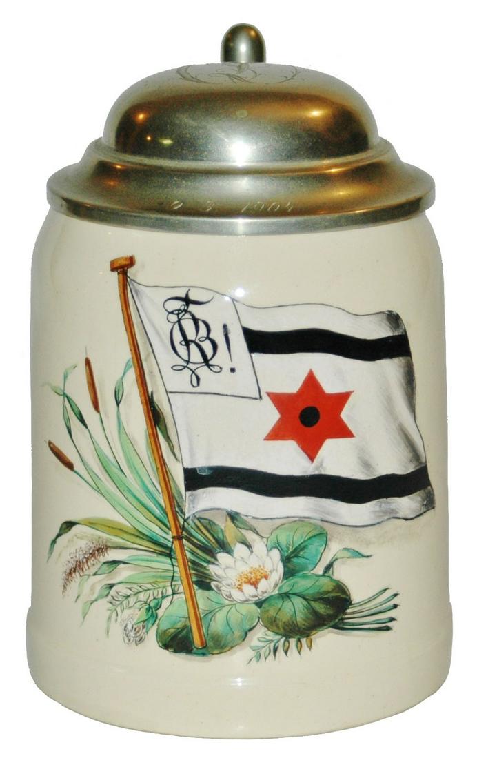 Mettlach Dueling Fraternal Student Flag Stein: Mettlach #1526 POG 1/2L. Dueling fraternal student flag. Brass lid. Mint.