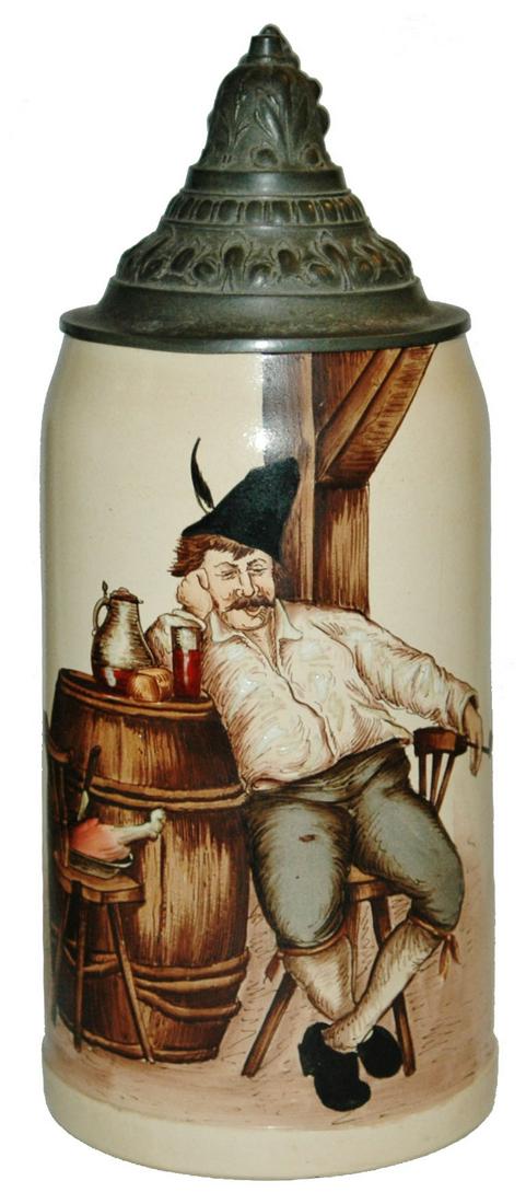 1L Hand Painted HR Man w Pipe & Stein in Tavern: Pottery HR #139A Hand Painted 1L. Man with pipe drinking in tavern. Mint.