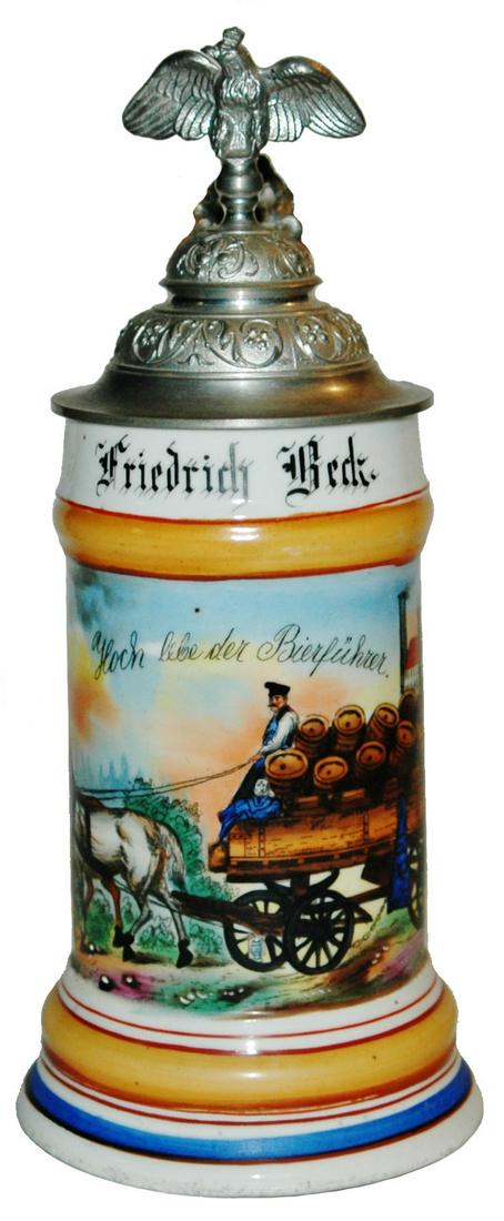 Beer Barrel Delivery Man Occupational Stein: Occupational Stein 1/2L Porcelain. Beer barrel delivery man, Friedrich Beck. Mint.