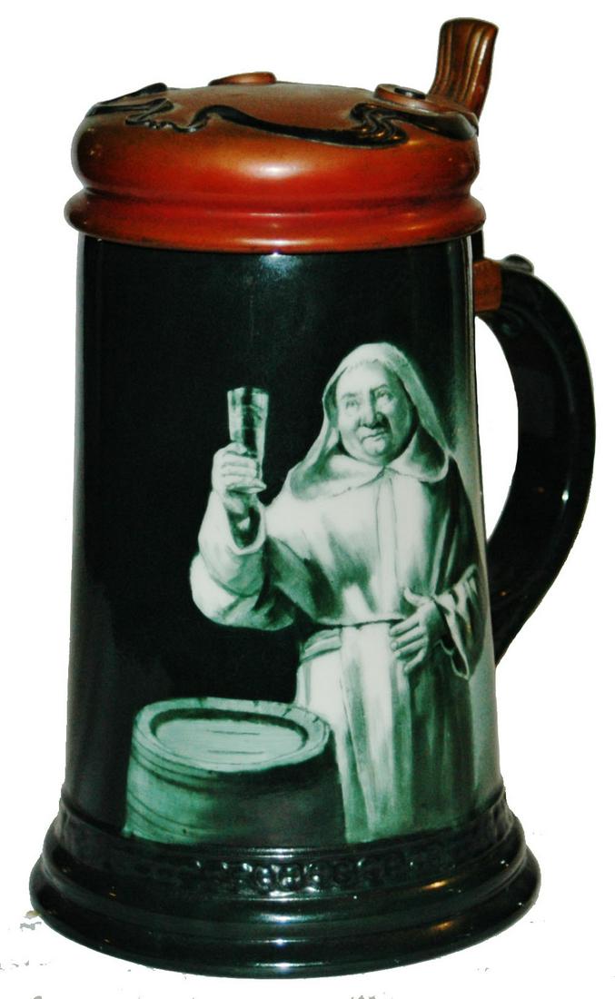 Monk w Beer Lenox Stein w Tiffany Mixed Metal Lid: Lenox Porcelain POG 1/2L. Monk holds up glass of beer. Tiffany mixed metal lid. Mint.