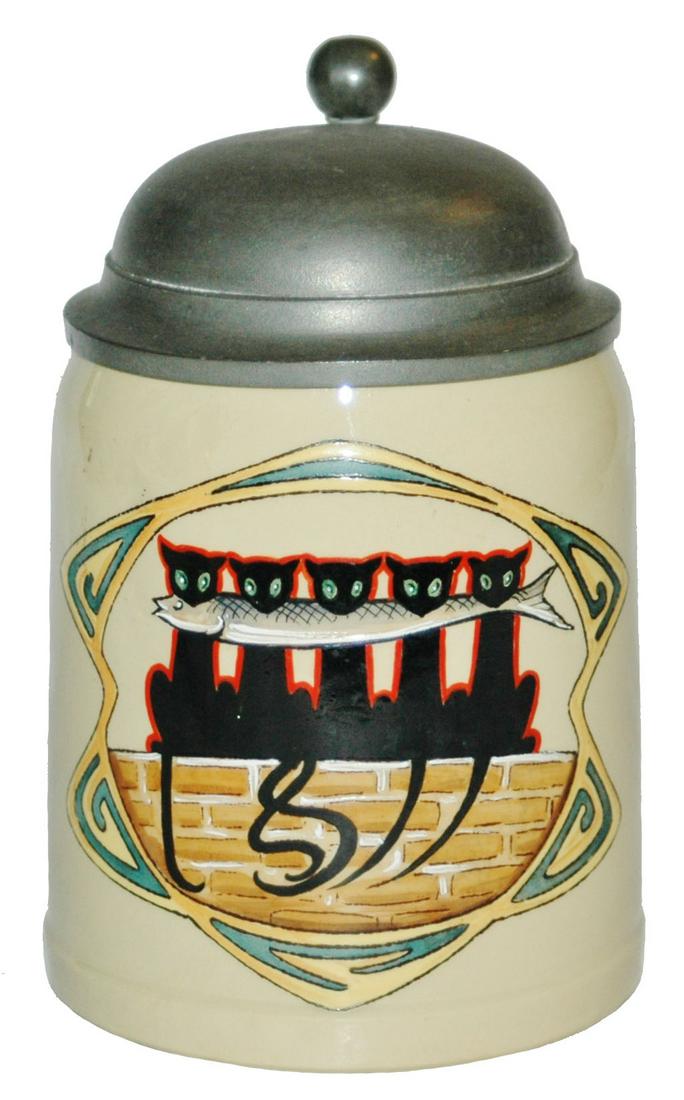 Mettlach 5 Cats w Fish Van Hauten Stein: Mettlach #1526 POG 1/2L. Five cats sit on a wall with large fish in their mouths. Van Hauten. Mint.