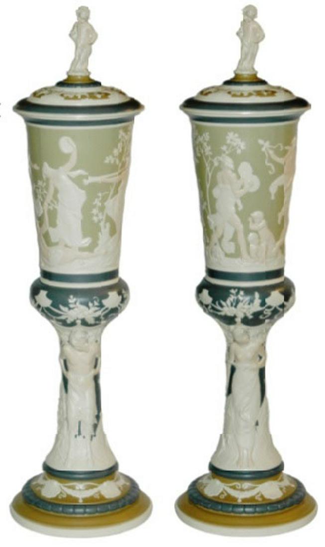 PAIR Mettlach Pokals w Romanesque Women & Pan Rare