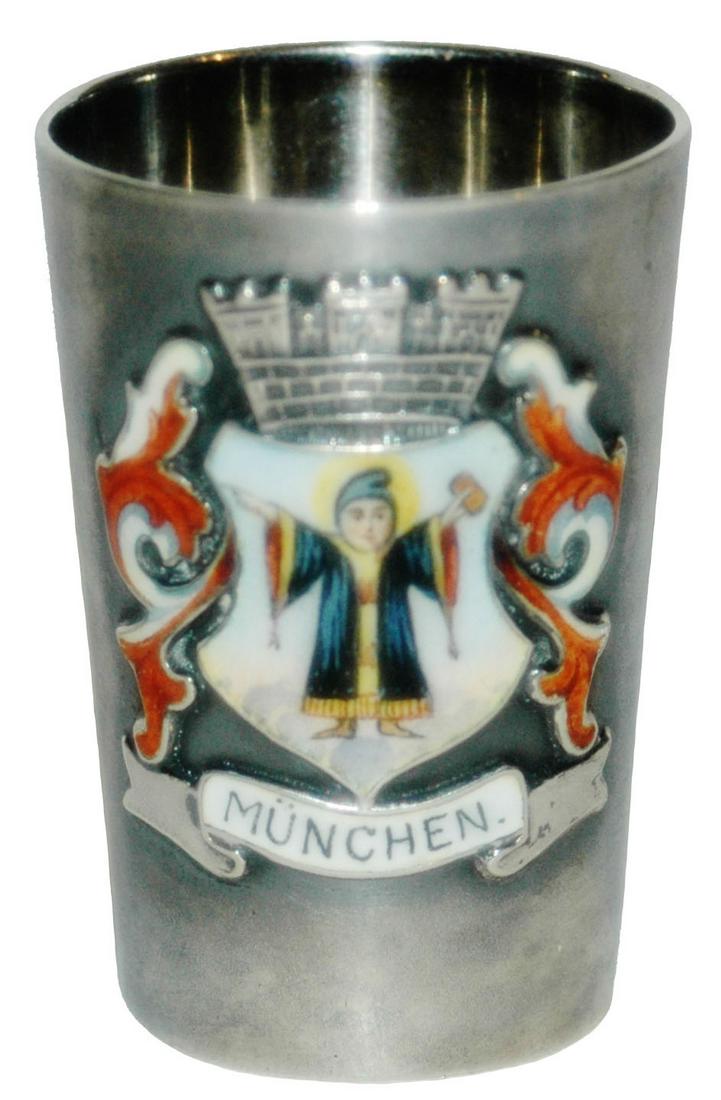 Silver Enameled Munich Child Shield Shot Glass: Silver 1 3/4” Shot Glass. Enameled Munich Child in shield. Mint.