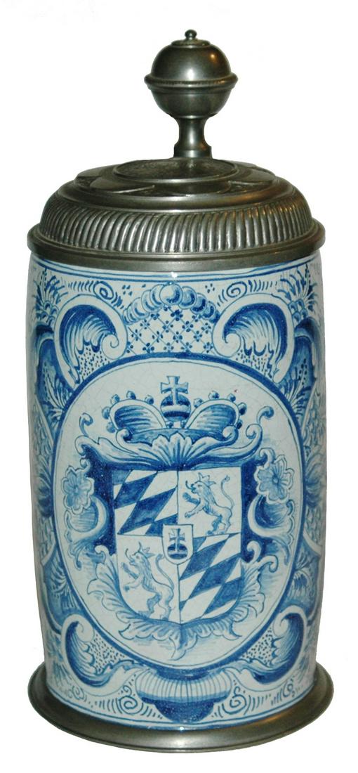 1L Faience Nurnberg Bavarian Shield & Floral Stein: Faience Stein 1L Nurnberg Factory. Bavarian shield and floral. Post war. Mint.