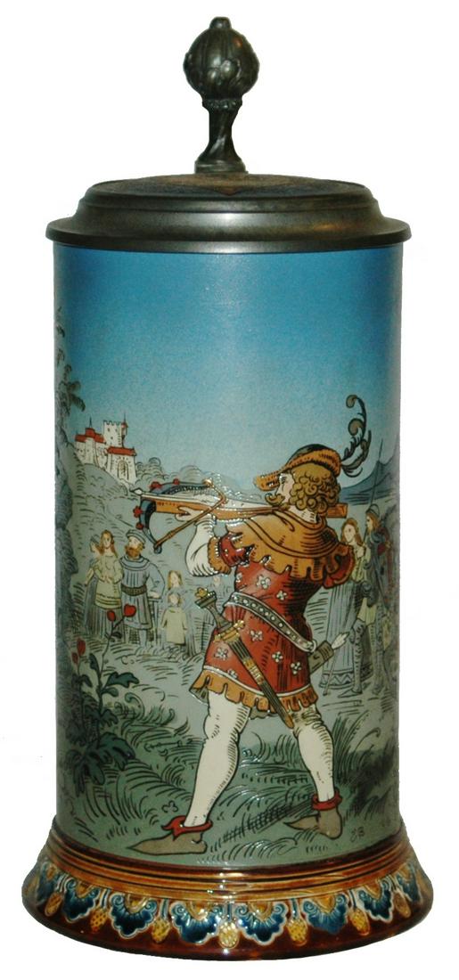 Mettlach 1L William Tell Etched Stein w Inlay Lid: Mettlach #2082 Etched 1L. Willliam Tell shoots apple off son’s head. Inlay lid. Mint.