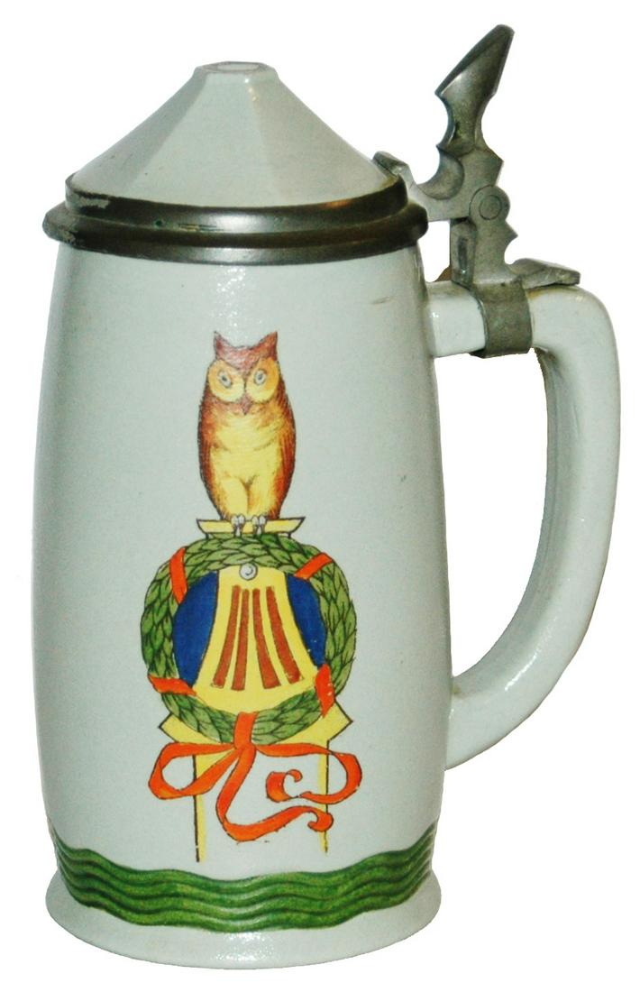 Mettlach Owl & Wreath Stein w Inlay Lid: Mettlach Bavaria #3078/419 POG 1/2L. Owl and wreath. Inlay lid. Mint.