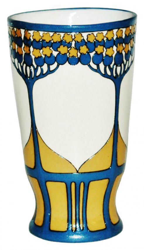 Pair of Mettlach Art Nouveau Beakers: Pair of Mettlach #3365 Etched 1/4L Beakers. Art Nouveau design from dinnerware set. Both mint.