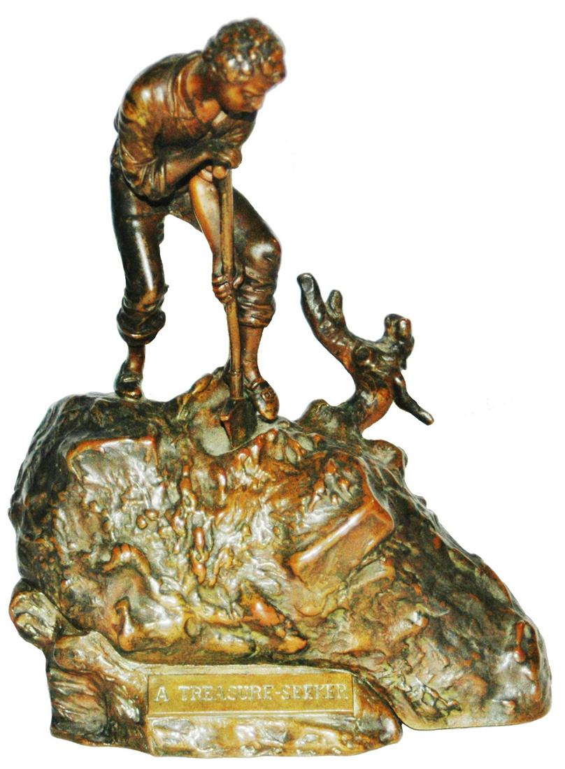 Bronze Erotica Naughty Nude Figure Hidden Inside: Bronze 7 1/4” Erotic Figure. Man digging with shovel. Named “Treasure Seeker.” Signed C. Kauba. Man and mound lift up to reveal nude woman. Mint.