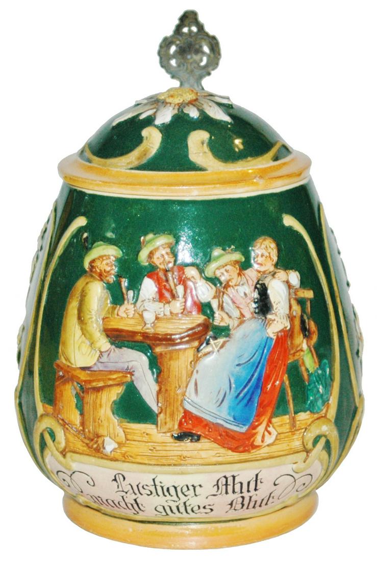 Table Scene & Verse w Matched Lid Stein: Pottery #761 Relief 1/2L. Table scene and verse. Matching pottery lid. Mint.